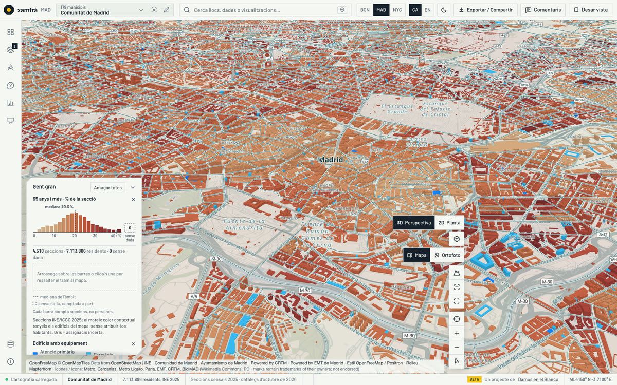 Vista Personas mayores de la Comunidad de Madrid: edificios coloreados por el porcentaje de residentes de 65 años o más de su sección