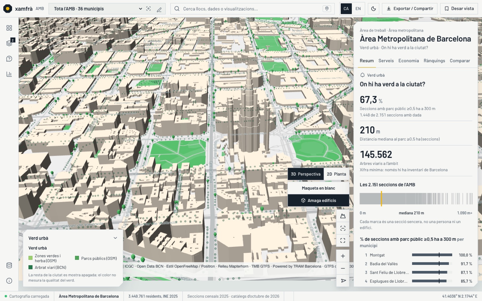 Vista Verd urbà amb els arbres en 3D