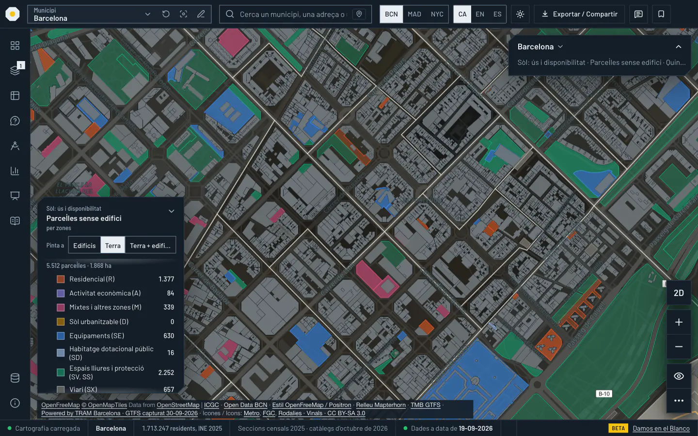 El visor en 2D i amb el tema fosc a Poblenou, a Barcelona: sobre el mapa base fosc, les parcel·les urbanes sense edifici al Cadastre apareixen acolorides per grup de qualificació (taronja residencial, rosa mixtes, blau equipaments, verd espais lliures). A l’esquerra, la llegenda «Parcel·les sense edifici» amb el selector «Pinta a» i el recompte de parcel·les de cada grup.