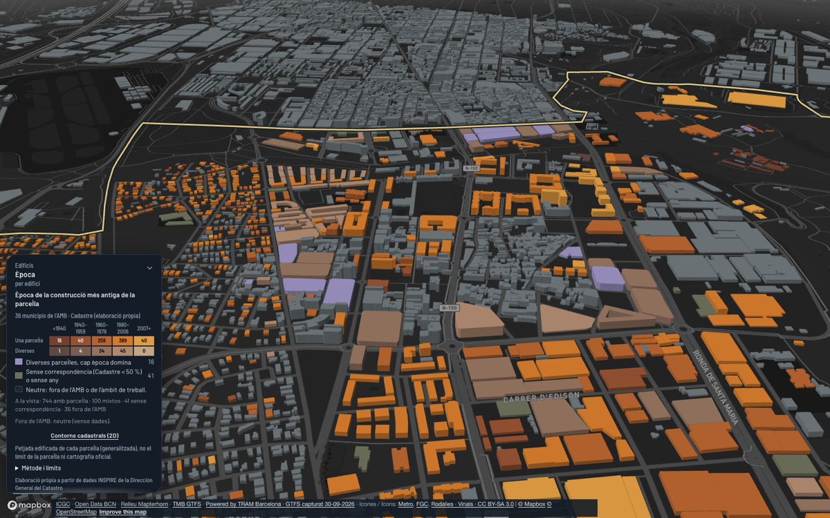 Barberà del Vallès: 3D view of the town centre at dusk, each building coloured by its construction period.