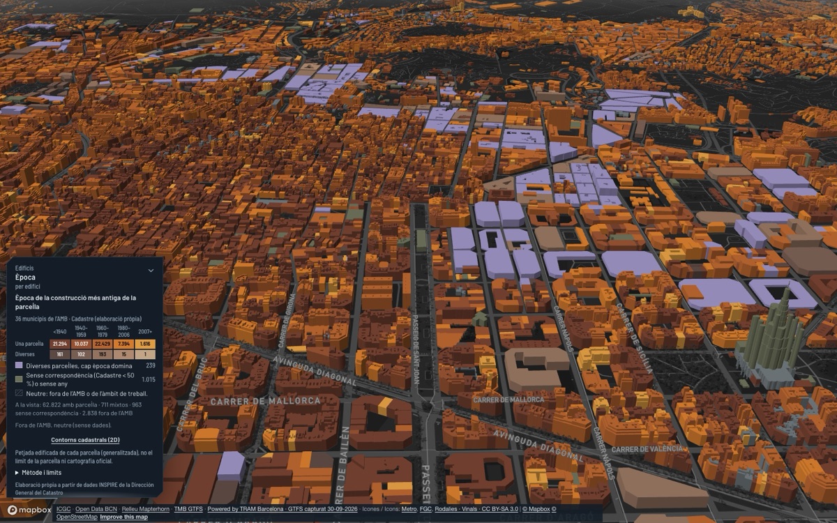 Barcelona: vista 3D del centro al atardecer, con cada edificio coloreado por su época de construcción.