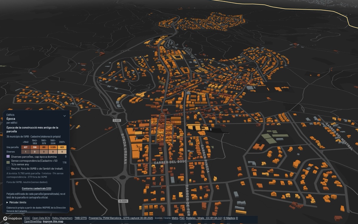 Begues: 3D view of the town centre at dusk, each building coloured by its construction period.