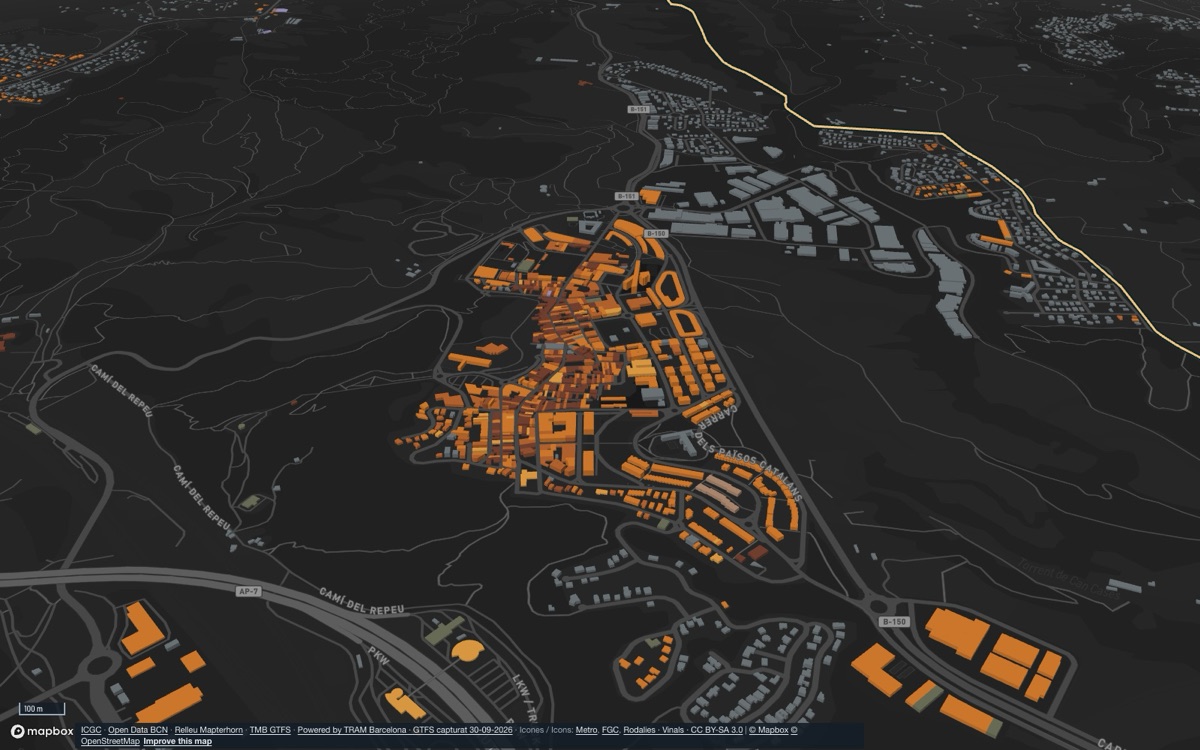 Castellbisbal: 3D view of the town centre at dusk, each building coloured by its construction period.