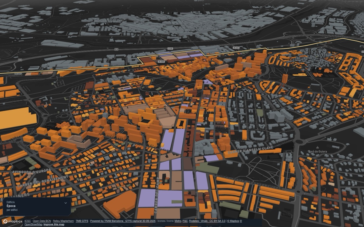 Cerdanyola del Vallès: vista 3D del centro al atardecer, con cada edificio coloreado por su época de construcción.