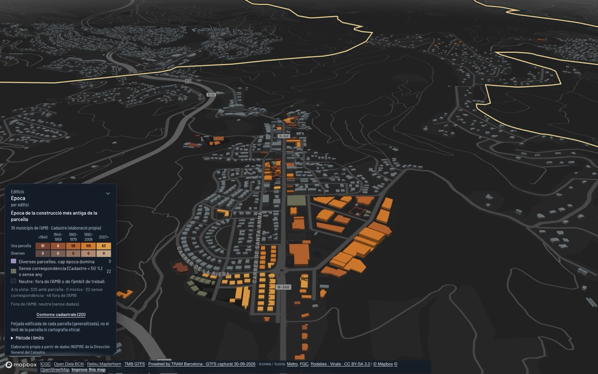 Cervelló: 3D view of the town centre at dusk, each building coloured by its construction period.