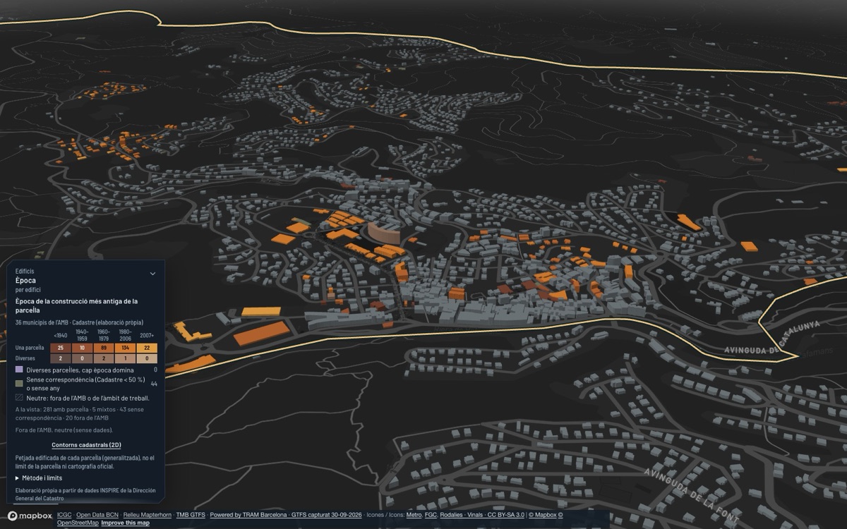 Corbera de Llobregat: 3D view of the town centre at dusk, each building coloured by its construction period.