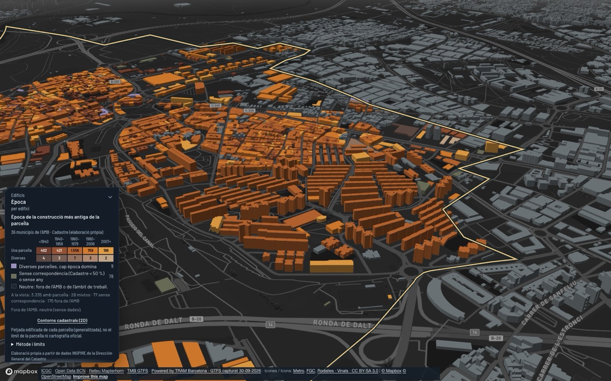 Cornellà de Llobregat: vista 3D del centro al atardecer, con cada edificio coloreado por su época de construcción.