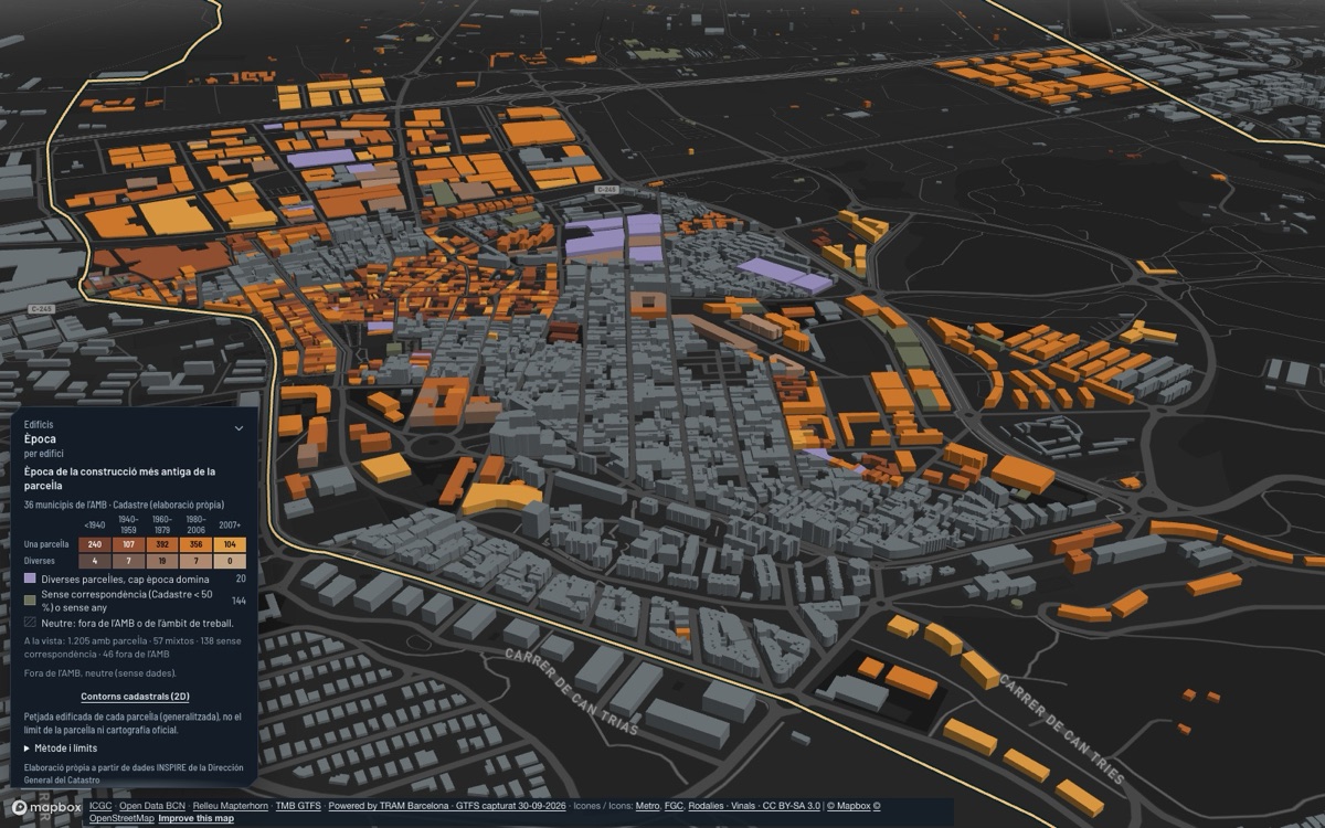 Gavà: 3D view of the town centre at dusk, each building coloured by its construction period.