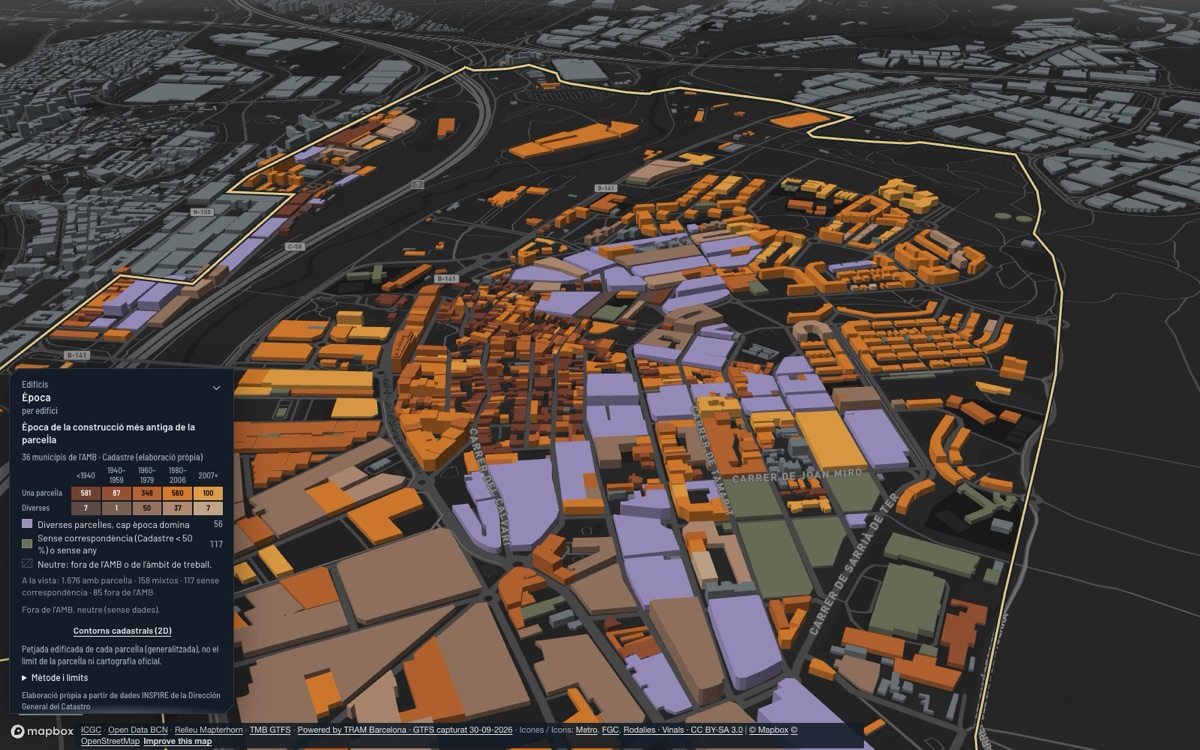 Ripollet: 3D view of the town centre at dusk, each building coloured by its construction period.