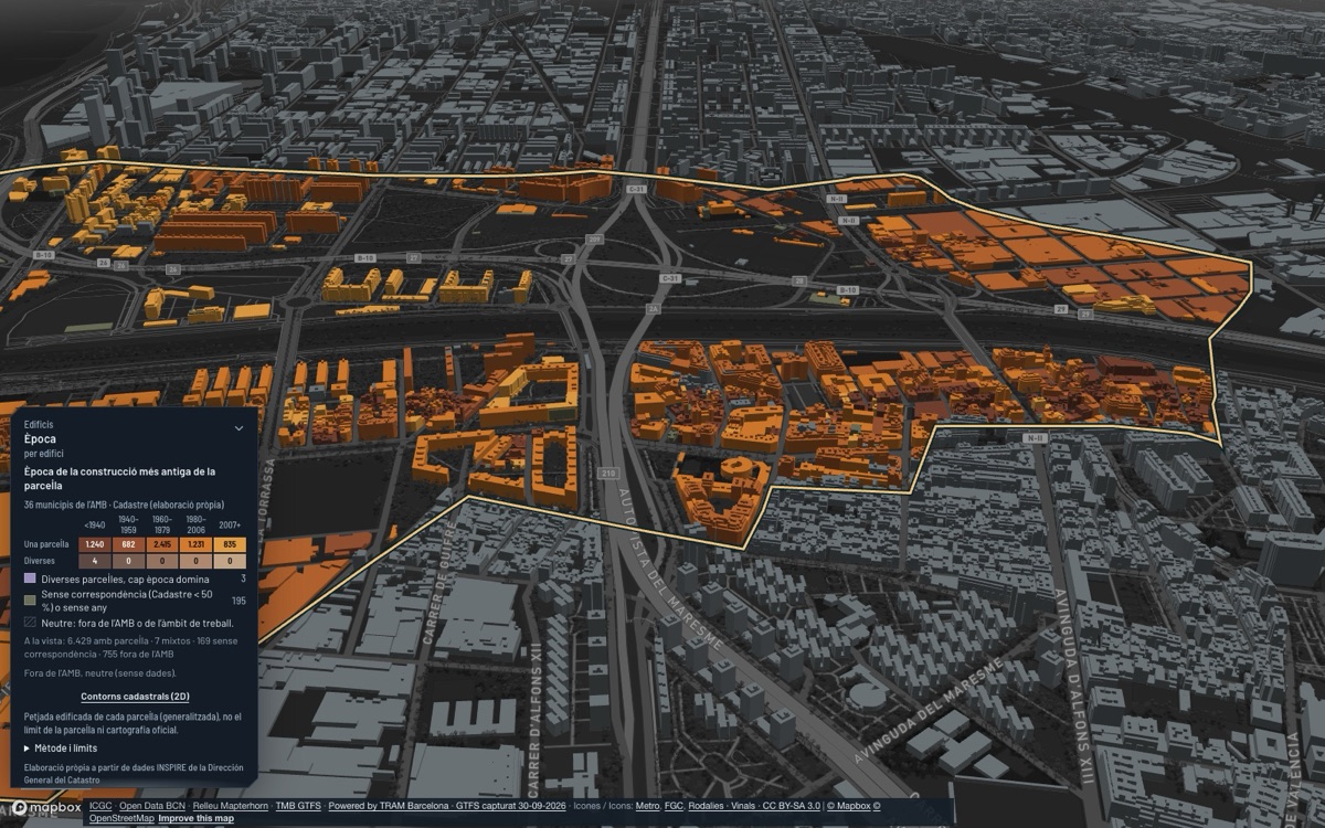 Sant Adrià de Besòs: vista 3D del centro al atardecer, con cada edificio coloreado por su época de construcción.