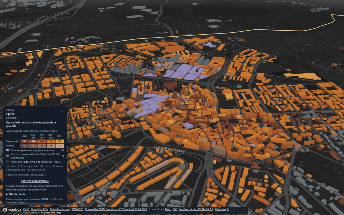 Sant Cugat del Vallès: vista 3D del centro al atardecer, con cada edificio coloreado por su época de construcción.