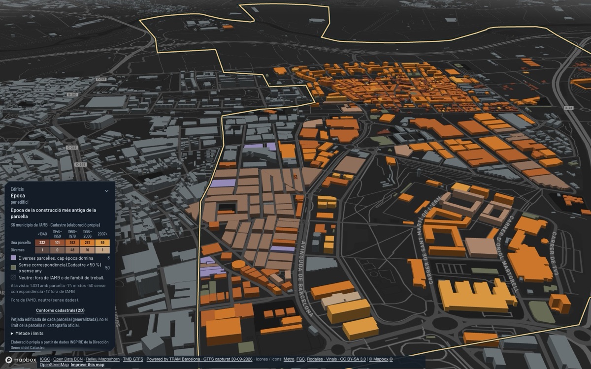 Sant Joan Despí: vista 3D del centro al atardecer, con cada edificio coloreado por su época de construcción.