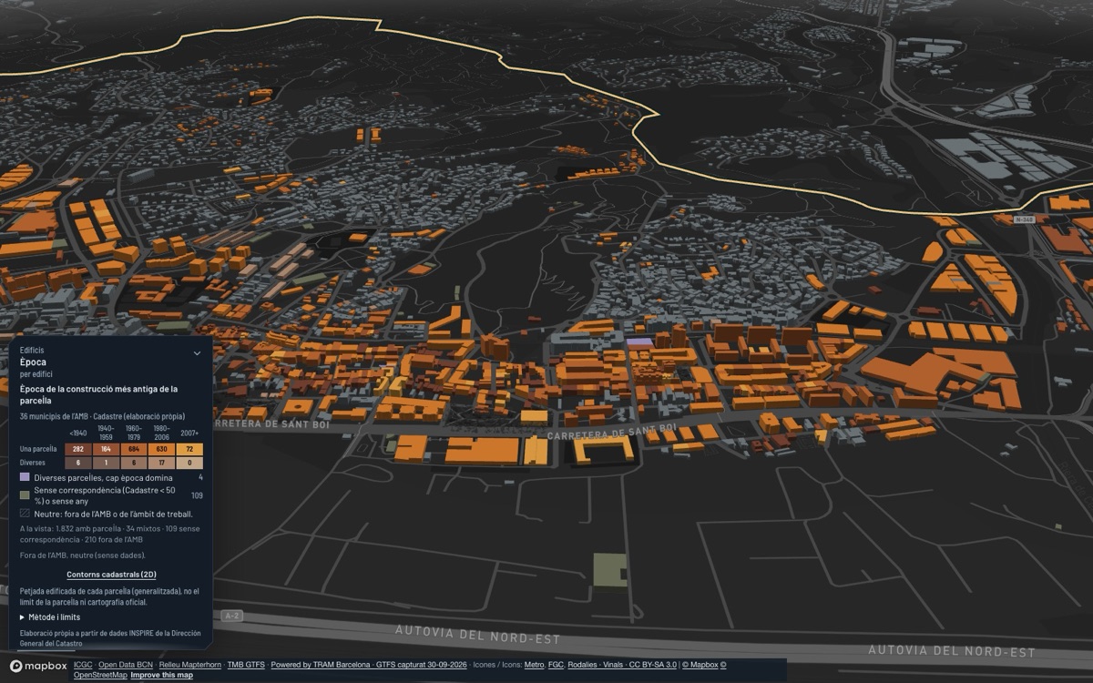 Sant Vicenç dels Horts: vista 3D del centro al atardecer, con cada edificio coloreado por su época de construcción.