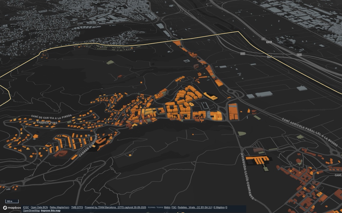 Santa Coloma de Cervelló: vista 3D del centro al atardecer, con cada edificio coloreado por su época de construcción.