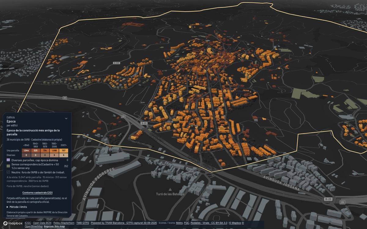 Tiana: vista 3D del centro al atardecer, con cada edificio coloreado por su época de construcción.
