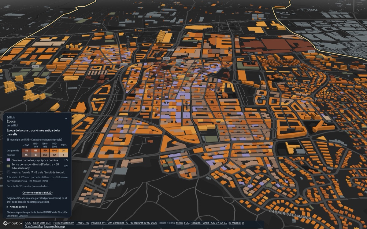 Viladecans: 3D view of the town centre at dusk, each building coloured by its construction period.