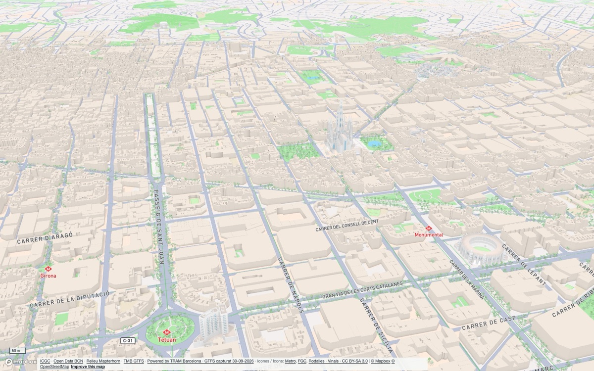L’Eixample i la Sagrada Família de dia amb façanes i arbres en 3D