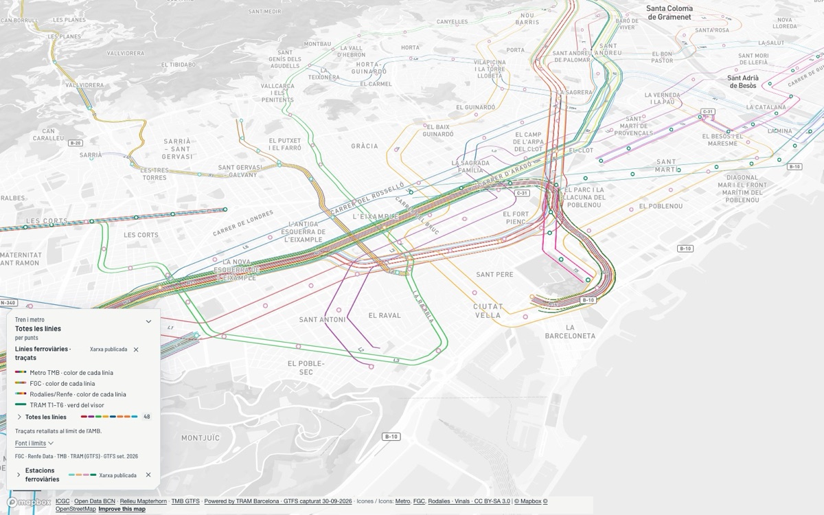Totes les línies: Metro, FGC, Rodalies i TRAM amb el color de cada línia, sobre el mapa de dia.
