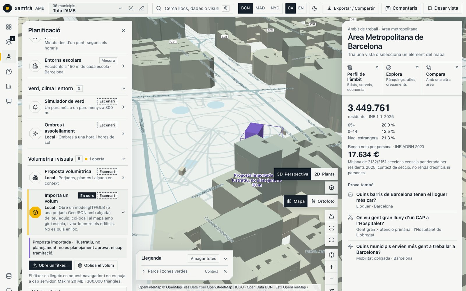 Vista en 3D entre edificis reals de Barcelona amb un volum lila importat, etiquetat «Proposta importada, il·lustratiu, no planejament». Al panell de Planificació, l’eina Importa un volum.