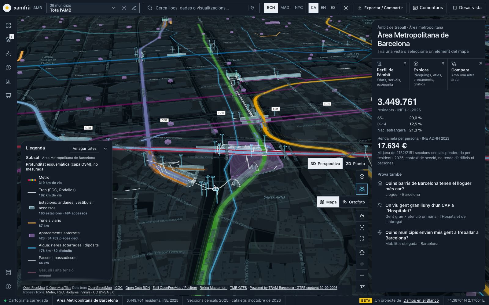 La plaça de Catalunya en 3D i amb el tema fosc, amb els edificis transparents: a sota, les línies de metro amb el seu color, els túnels de tren, andanes i vestíbuls translúcids, pous d’accés i un aparcament soterrat en lila. A l’esquerra, la llegenda del subsòl amb els quilòmetres de cada tipus.