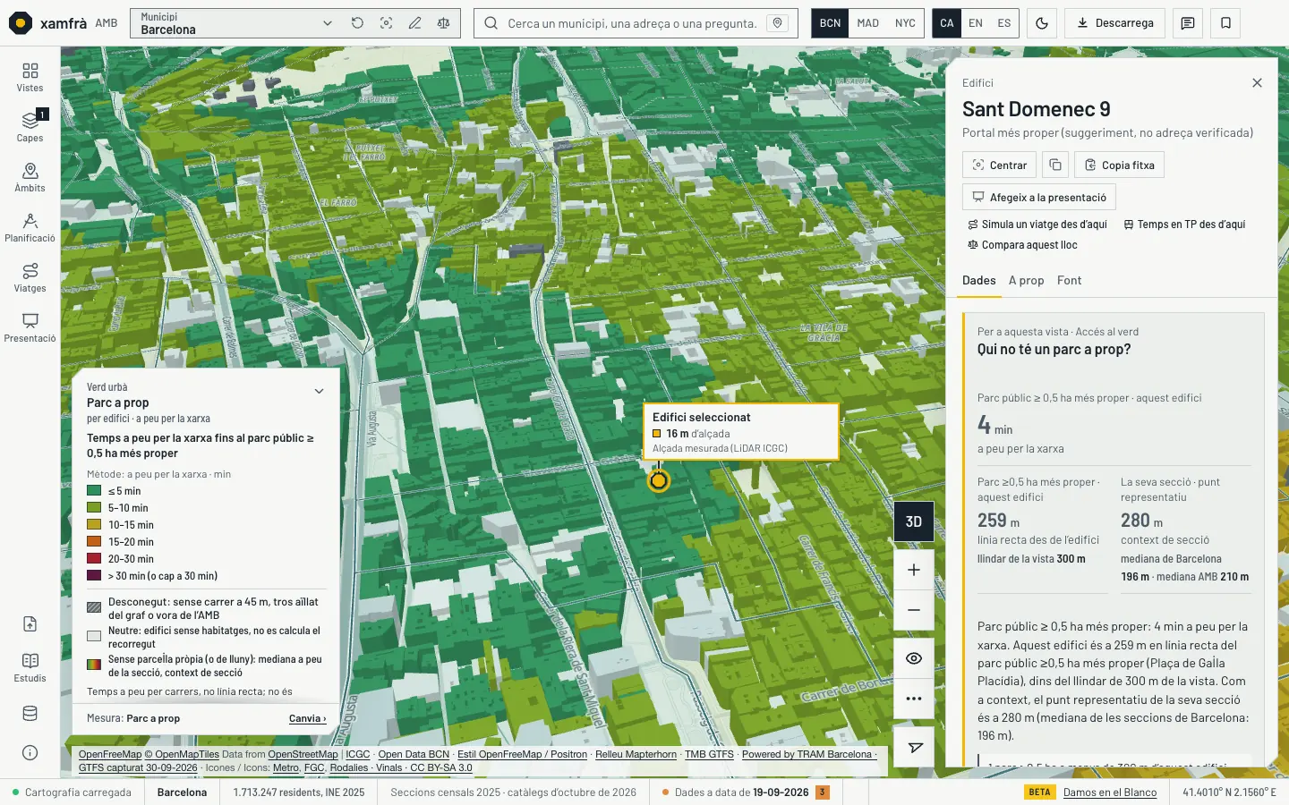La Vila de Gràcia i Sant Gervasi en 3D i tema clar, amb la vista «Parc a prop»: cada edifici amb habitatges es pinta pels minuts a peu pels carrers fins al parc públic de 0,5 ha o més proper, de verd (5 minuts o menys) a verd oliva (de 5 a 10). A l’esquerra, les classes de minuts i els casos desconeguts; a la dreta, la fitxa d’un edifici del carrer de Sant Domènec: 4 minuts a peu fins a la plaça de Gal·la Placídia.