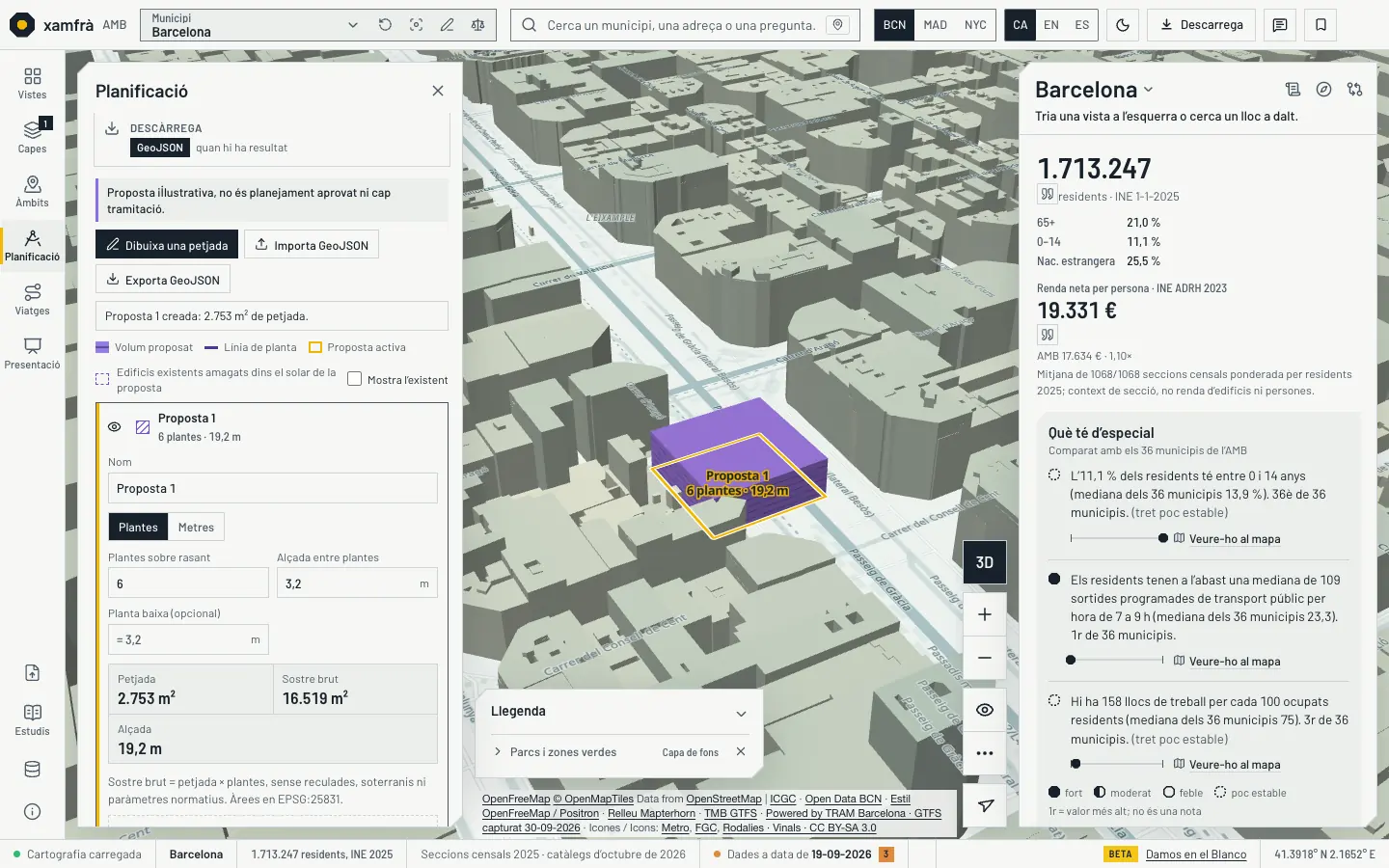 L’eina «Proposta volumètrica» en 3D i tema clar sobre una illa de l’Eixample, a passeig de Gràcia amb Consell de Cent: una proposta il·lustrativa de 6 plantes (19,2 m) en lila, amb els edificis existents dins el solar amagats perquè el volum nou es llegeixi net entre els veïns. Al calaix, la fila de llegenda «Edificis existents amagats dins el solar de la proposta» amb «Mostra l’existent», i la fitxa de la proposta: 2.753 m² de petjada i 16.519 m² de sostre brut.