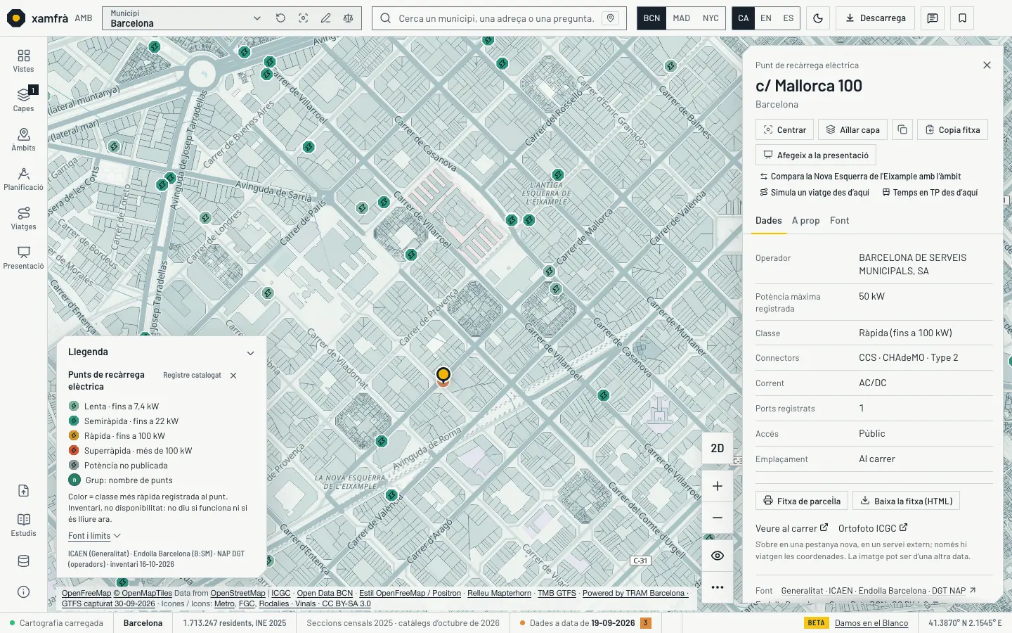L’Esquerra de l’Eixample de Barcelona amb la capa de punts de recàrrega, tema clar: cada icona és un emplaçament, pintat per la classe més ràpida registrada (verd lenta i semiràpida, groc ràpida, vermell superràpida). La fitxa de la dreta, del carrer de Mallorca 100, en dona l’operador, 50 kW de potència màxima, els connectors (CCS, CHAdeMO, Type 2) i les tres fonts; la llegenda cita ICAEN, Endolla Barcelona i el NAP de la DGT.