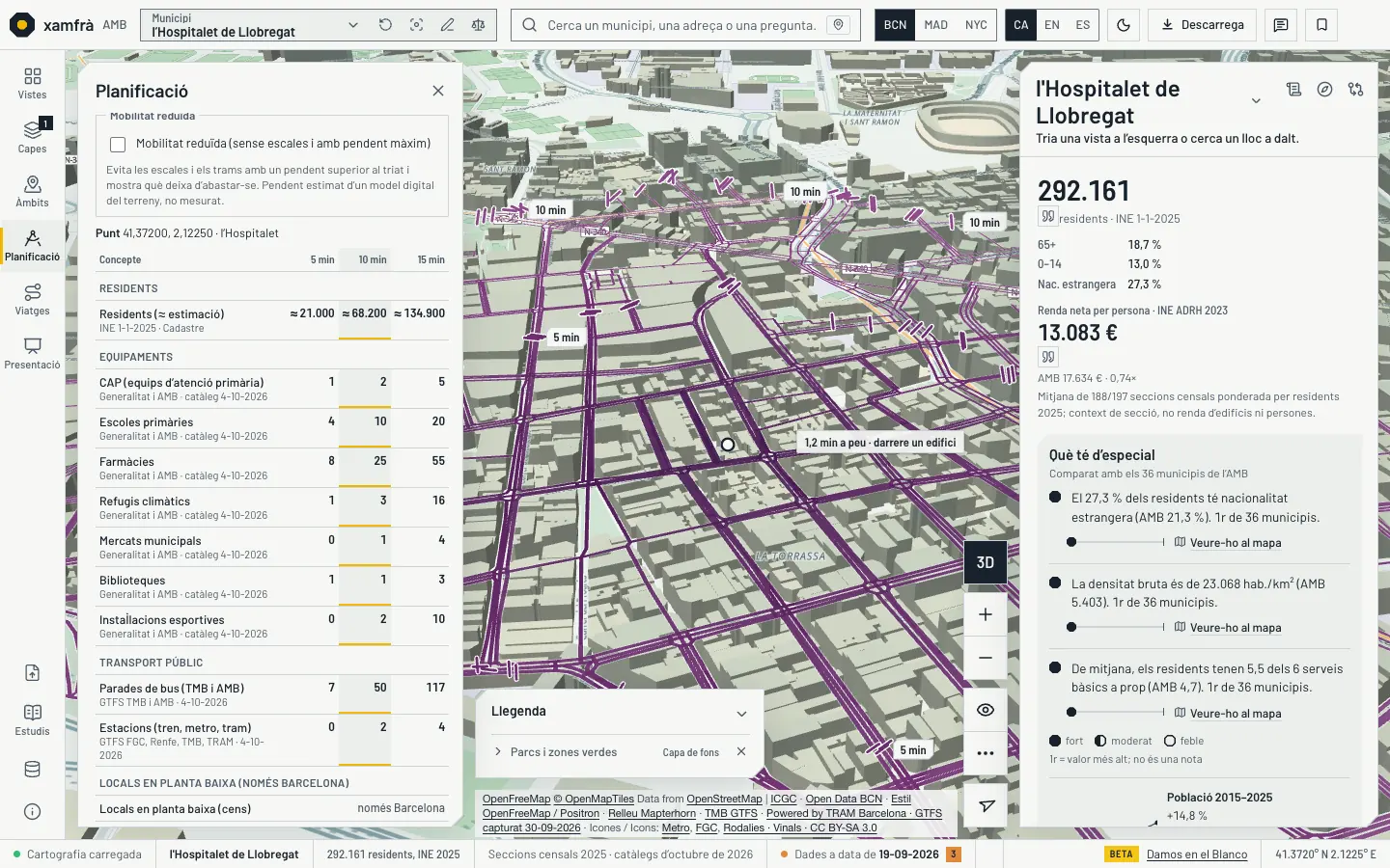 Collblanc i la Torrassa, a l’Hospitalet de Llobregat, en 3D i tema clar, amb l’eina de minuts a peu des del centre del mapa: els carrers a l’abast es dibuixen en morat, més intens com més a prop, i es veuen a través dels edificis, amb les marques de 5 i 10 minuts. Una etiqueta diu «1,2 min a peu · darrere un edifici» on un bloc tapa el tram. A l’esquerra, la taula del que hi ha a 5, 10 i 15 minuts (residents aproximats, CAP, escoles, farmàcies, parades…).