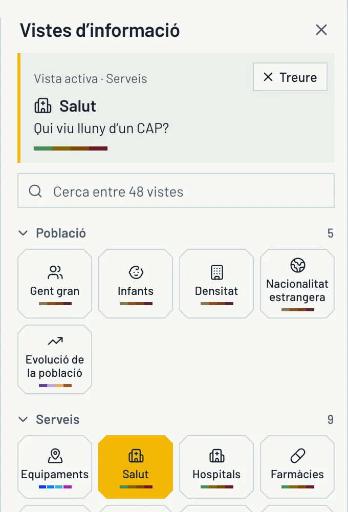 Calaix de vistes del visor amb la vista Salut seleccionada en groc.