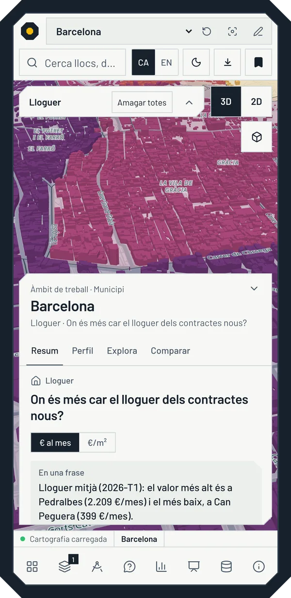 Captura de mòbil del visor amb la vista Lloguer: mapa de Gràcia en porpres i el full inferior desplegat amb la pregunta i «En una frase».