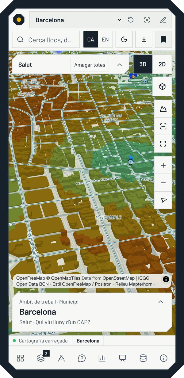 Captura de mòbil del visor amb la vista Salut: mapa 3D de Gràcia i l’Eixample acolorit per la distància al CAP, controls a la dreta i el panell de Barcelona plegat a sota.