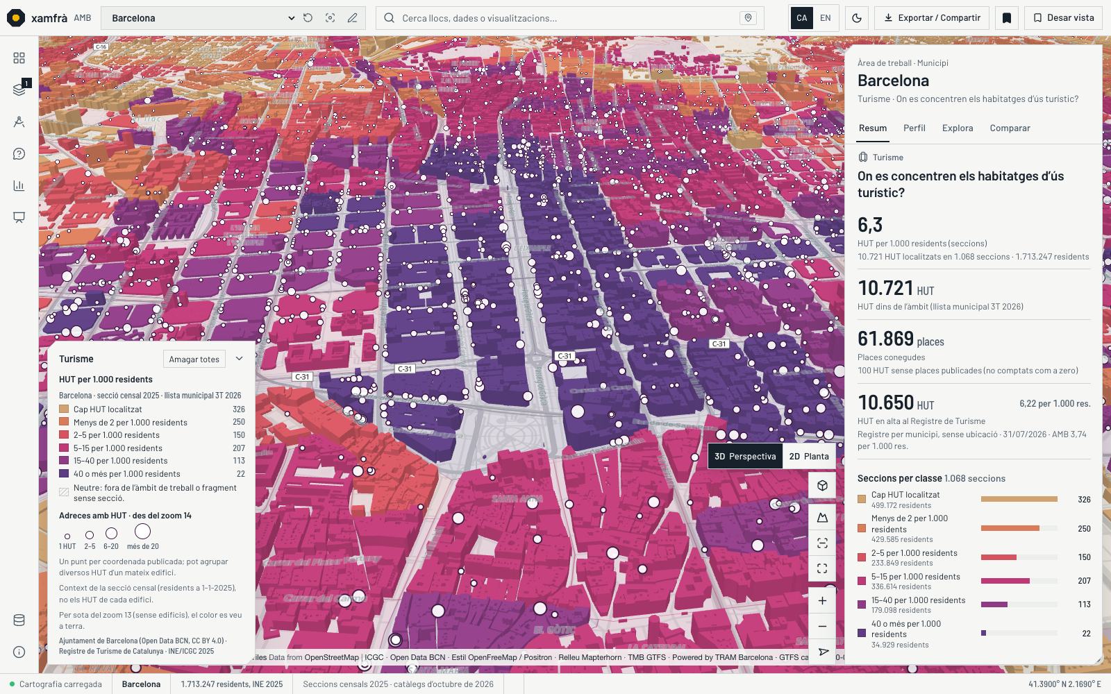 Vista Turisme a l’Eixample: edificis acolorits de rosa a porpra per la taxa d’habitatges d’ús turístic de la seva secció i punts blancs per adreça amb HUT.